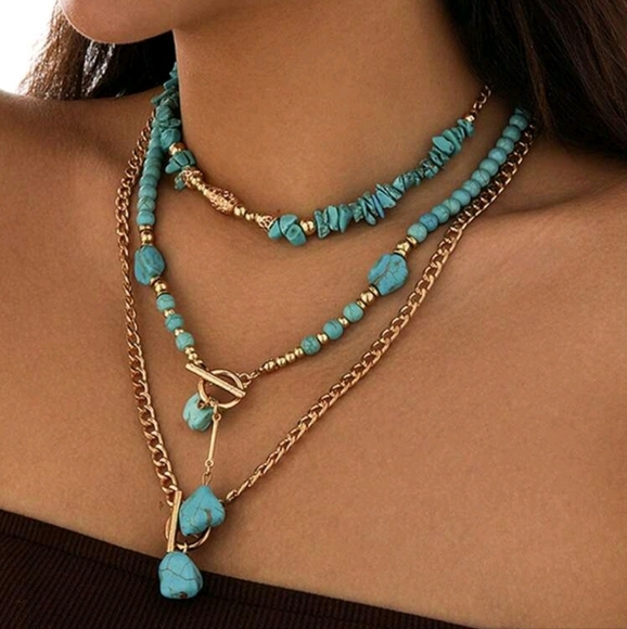 BRAND NEW ** Turquoise and Gold Layered Necklace Set - Picture 3 of 4